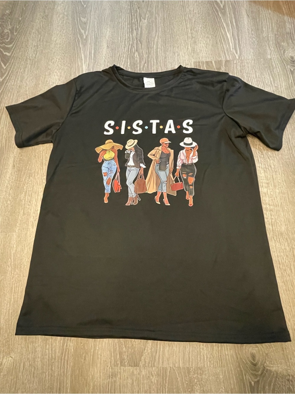 Black Graphic Print 'SISTAS' Jersey Short Sleeve Women's T-Shirt 0XL
